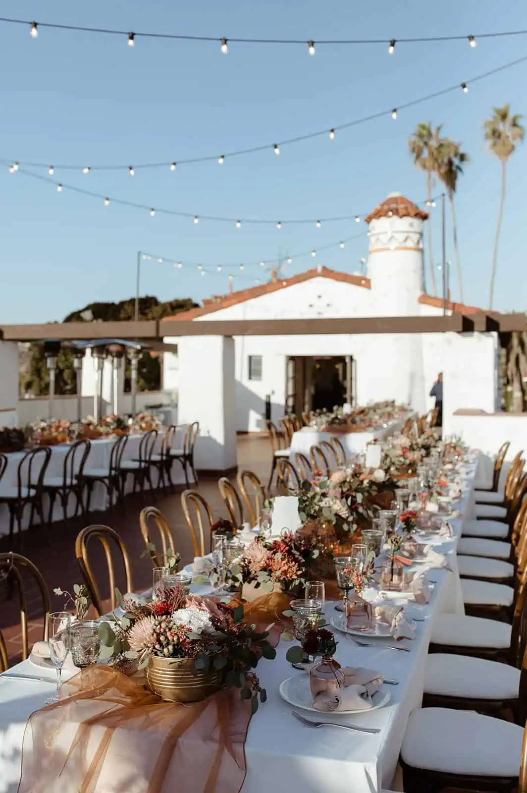 Reception setup on Ole Hanson Beach Club as destination wedding venue